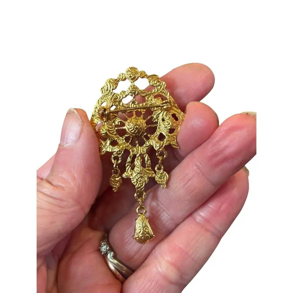 1928 Gold Rhinestone Chandelier Brooch Art Nouveau Dangle Statement Pin